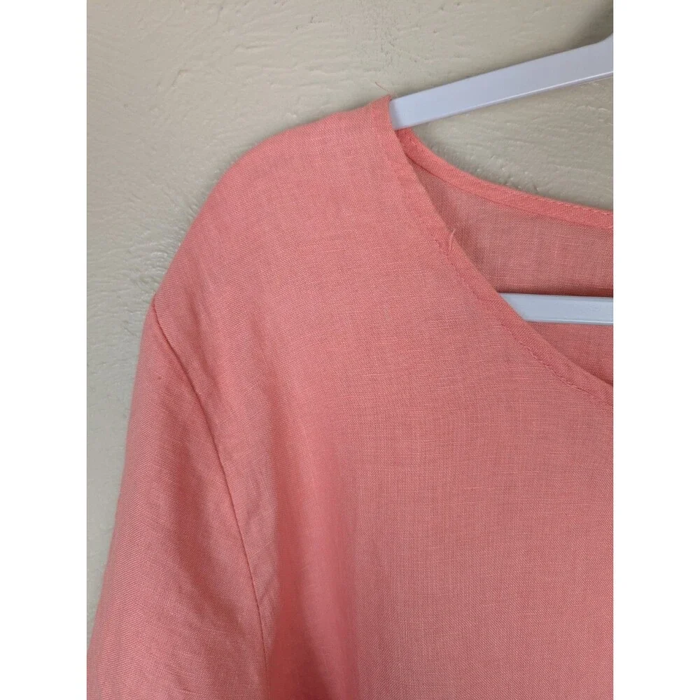 FOR CYNTHIA Womens 2X Coral 100% Linen Ruffled Bell Sleeve Top Blouse Shirt